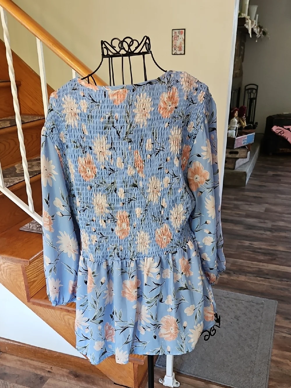 👚CURE Light Blue Floral Smocked Peasant Blouse